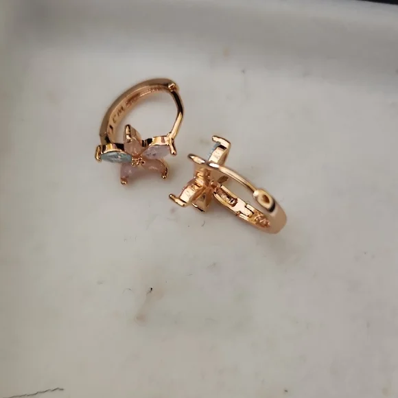 Elegant Gold Plated and Pink Gemstone Huggies Earrings Costume Jewelry - Picture 3 of 3